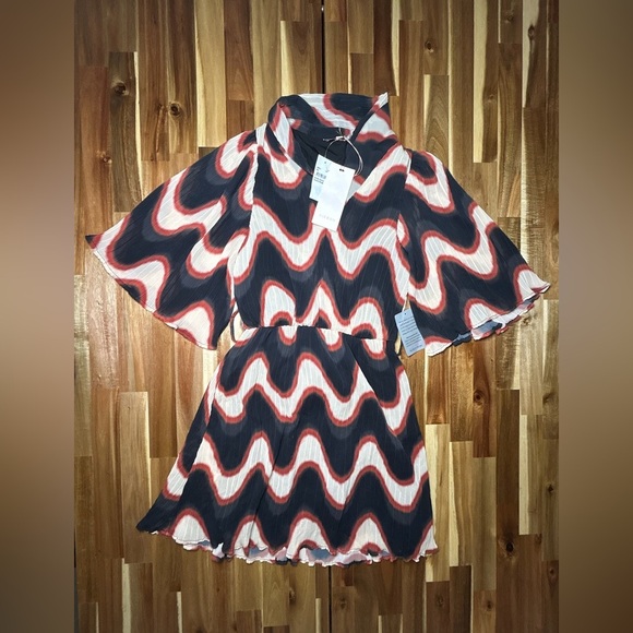 Ceibon Juni Wave Print Dress Black Cream Rust Pleated Shawl Collar Bell Sleeve S - Picture 5 of 13